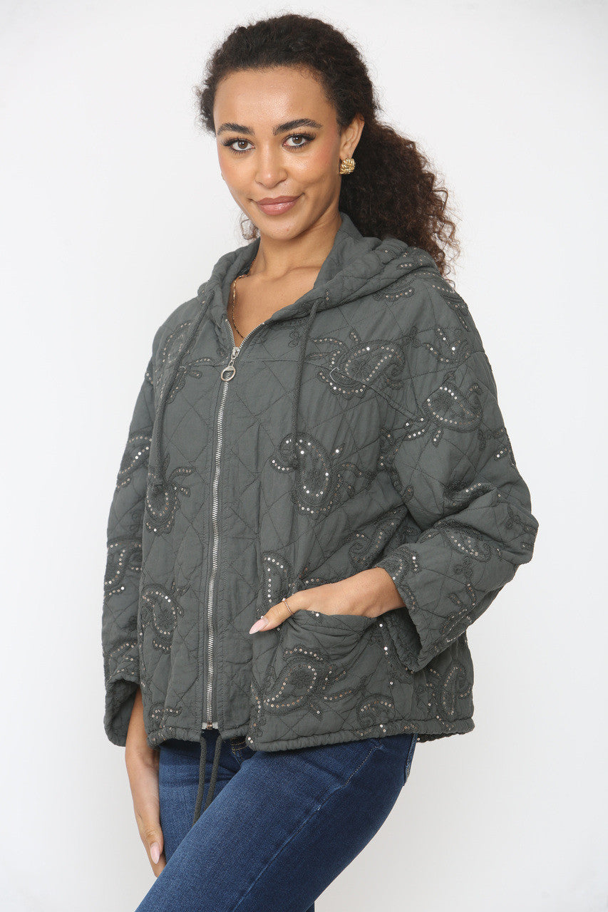 PAISLEY PRINT SEQUIN DETAIL QUILTED JACKET CHARCOAL