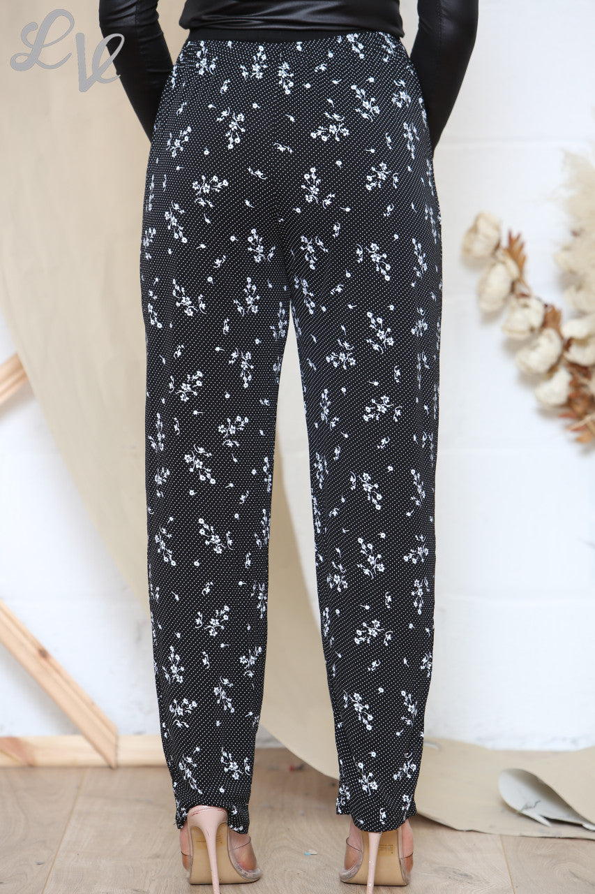 Damesbroek met Polka Dot en Bloemprint Zwart
