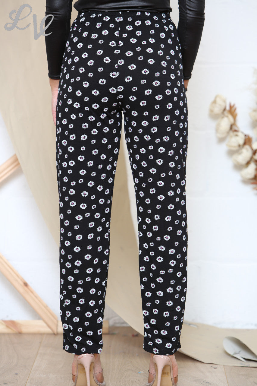 Ladies Ditsy Daisy Pink Flower Print Trousers Black