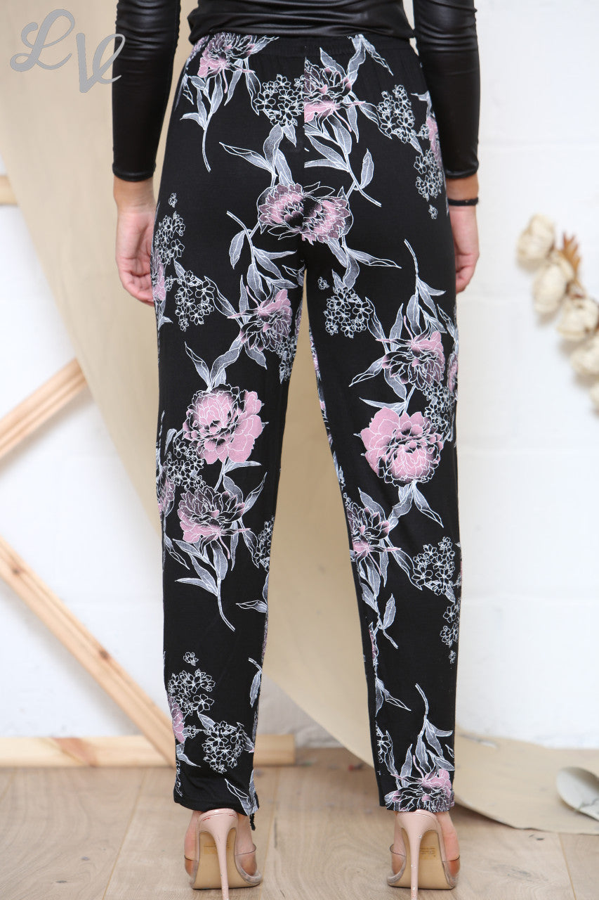 Ladies Pink Peony Print Trousers Black