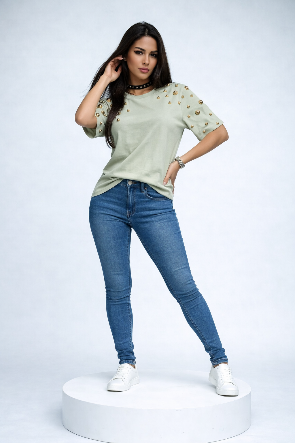 Stud Embellished Short Sleeve Crew Neck T-Shirt - Soft Khaki