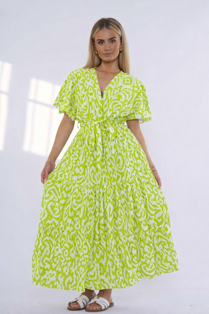 lv maxi dress Abstract Print Tiered Maxi Dress – Lime