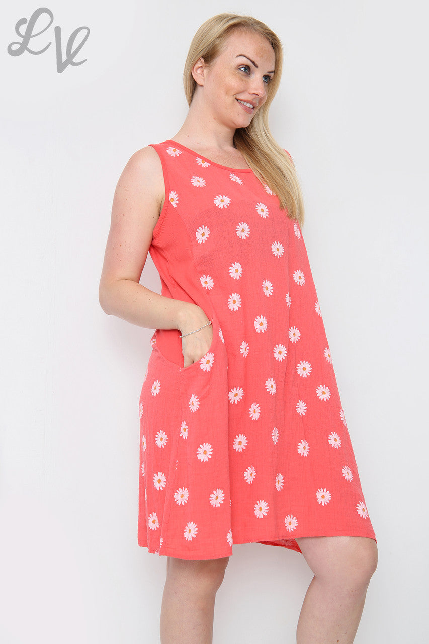 Ladies Daisy Print Sleeveless Dress Coral Unit Price £10.99