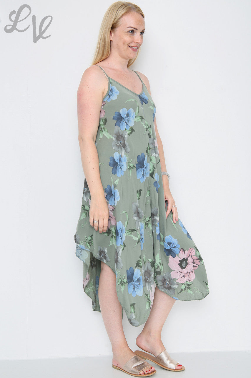 Ladies Flower Print Strappy Dress Khaki Unit Price £8.99