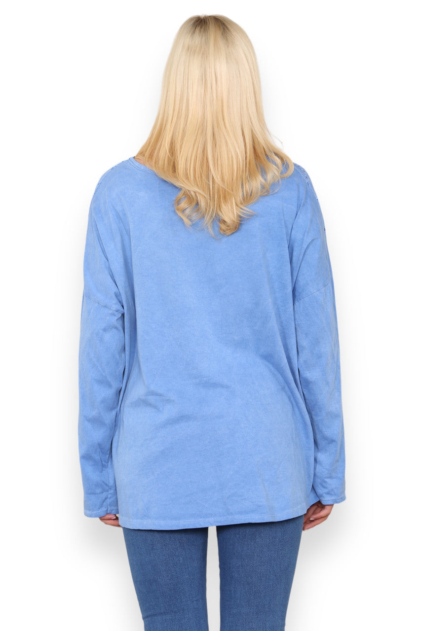 BRODERIE ANGLAISE SCHOUDER & ZOOM DETAIL TOP BLAUW
