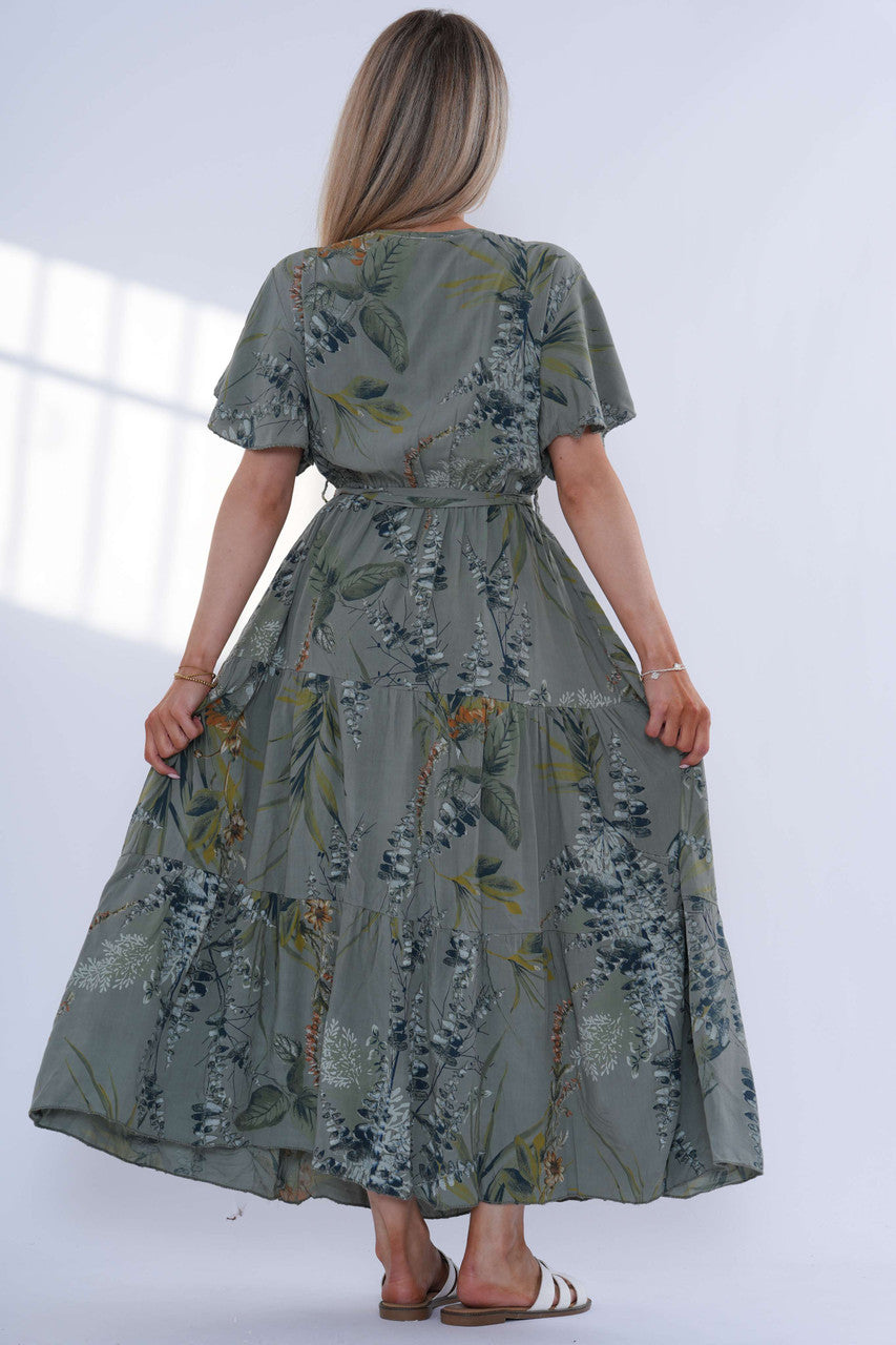 Floral Tiered Maxi Dress – Khaki