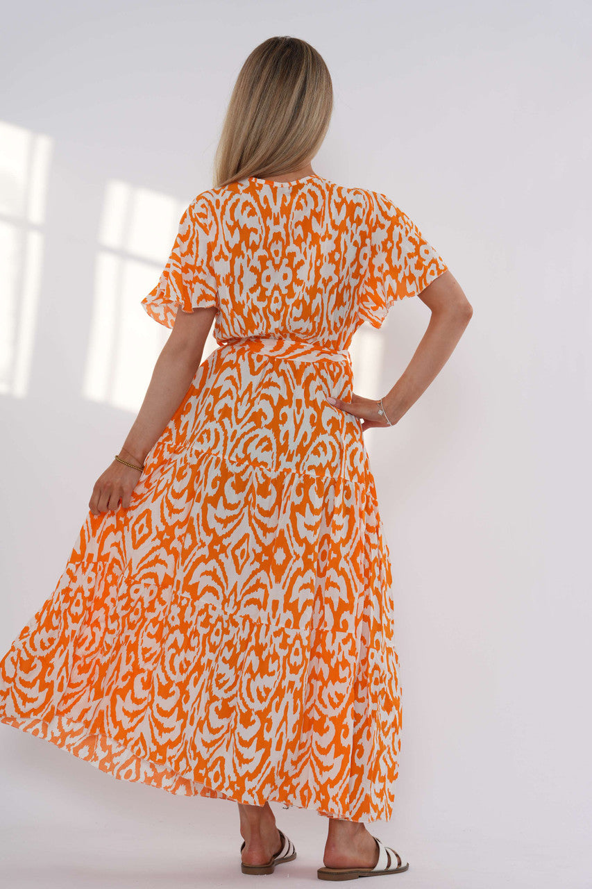 Abstract Print Tiered Maxi Dress – Orange
