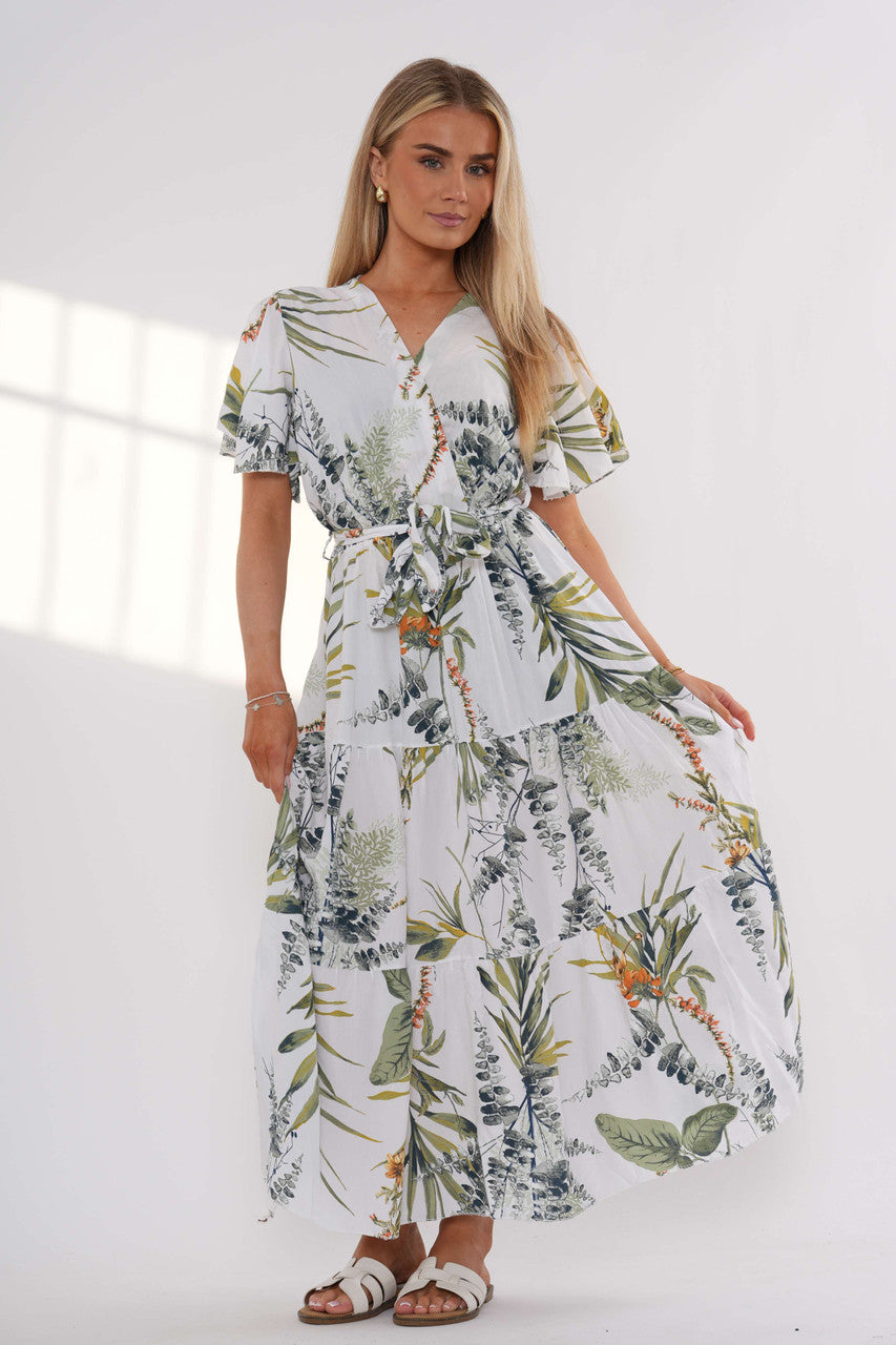 fitted lace wedding dress Floral Tiered Maxi Dress – White – LV Clothing