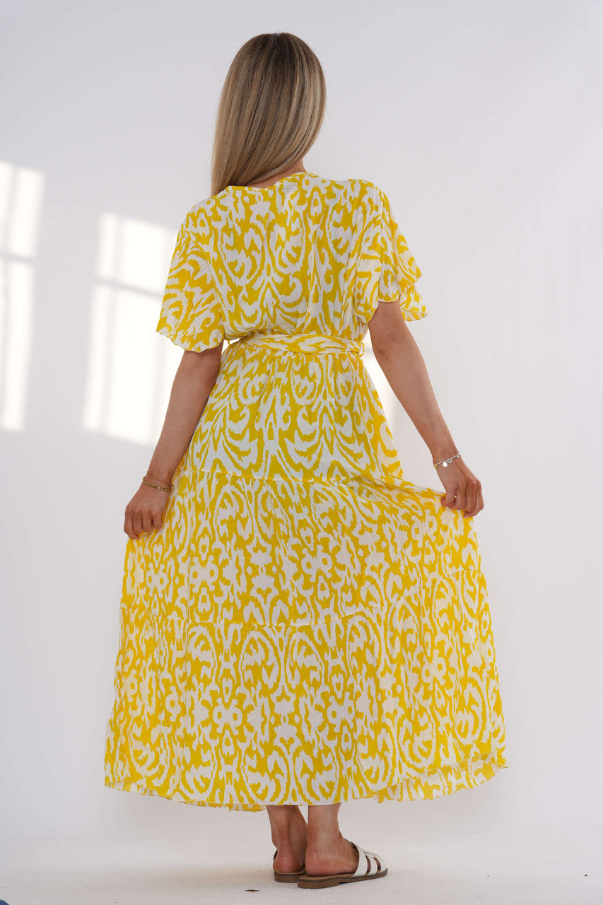 Abstract Print Tiered Maxi Dress – Yellow