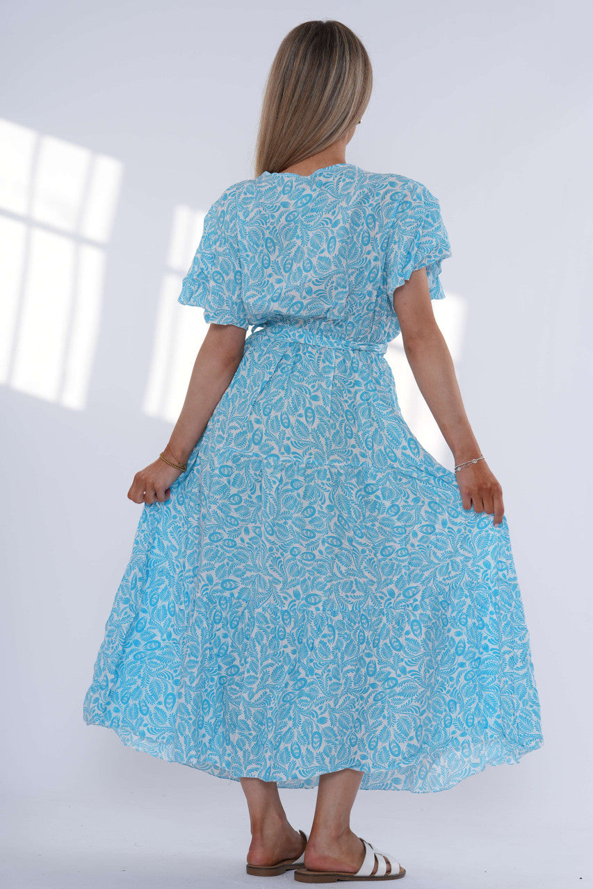 Leaf Print Tiered Maxi Dress - Turquoise