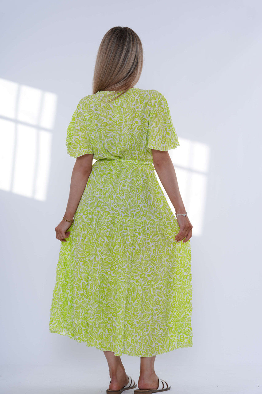 Leaf Print Tiered Maxi Dress - Lime