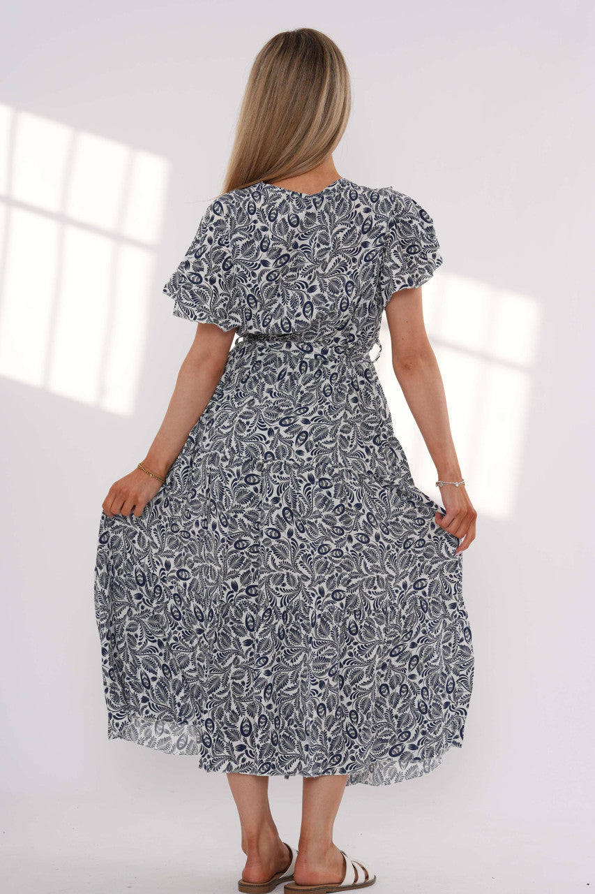 Maxi-jurk met bladerprint en ruches - Marineblauw