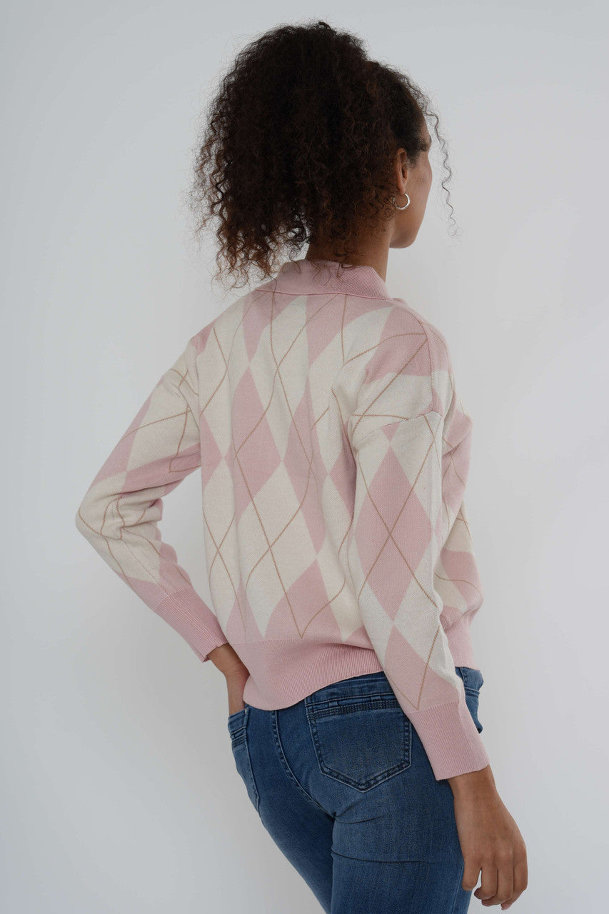 Argyle Gebreide Polo Jumper - Roze