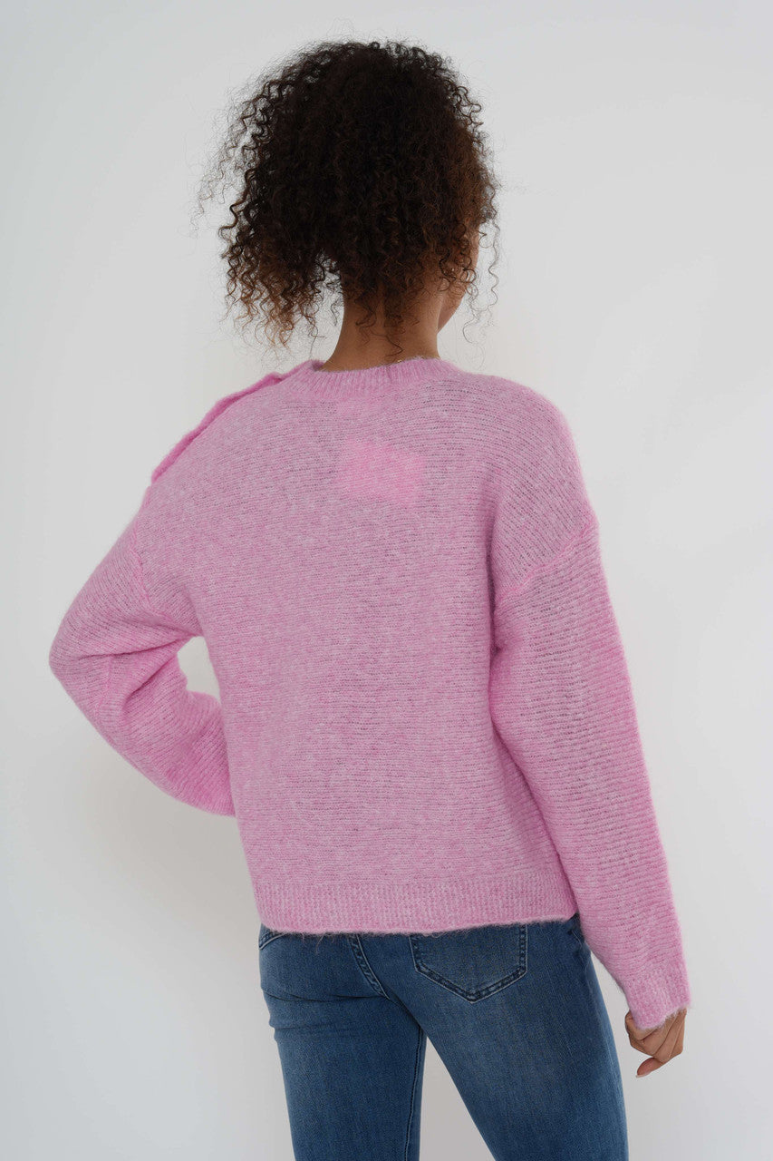 Argyle gebreide trui met knoopsluiting op de schouder - Roze