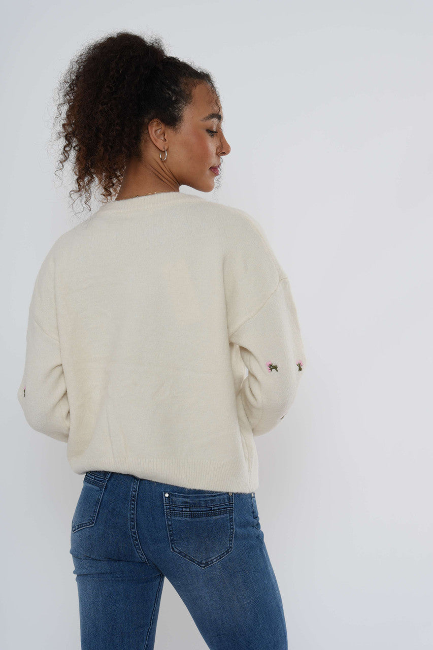 Embroidered Floral Knit Jumper - Beige