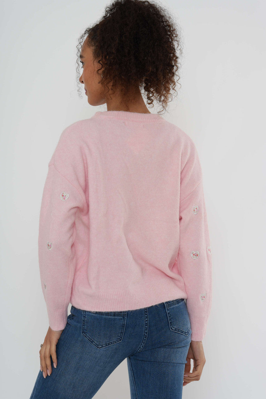 Embroidered Heart Knit Jumper - Soft Pink