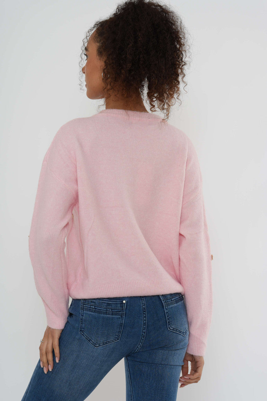 Embellished Heart Knit Jumper – Soft Pink