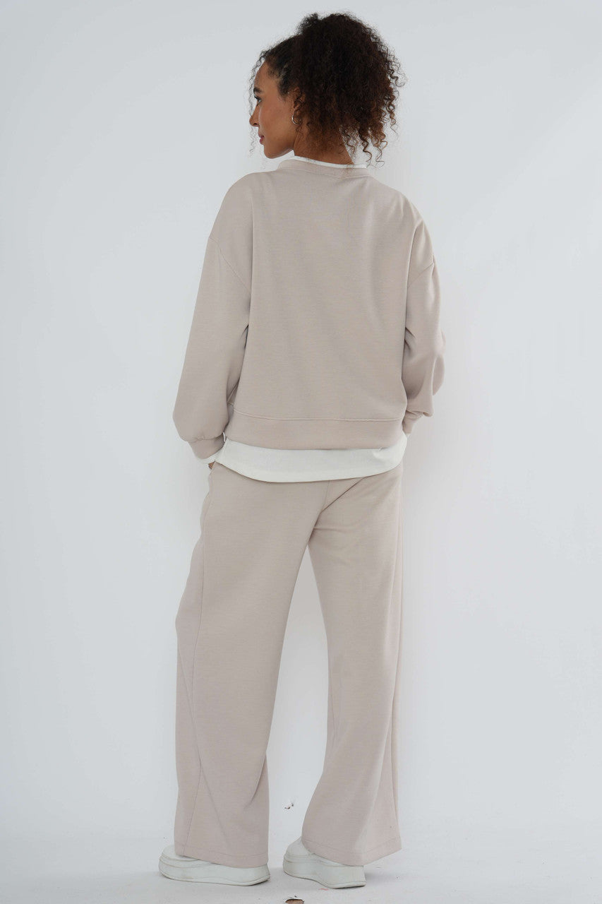Logo-sweatshirt en wide-leg jogger co-ord – Beige