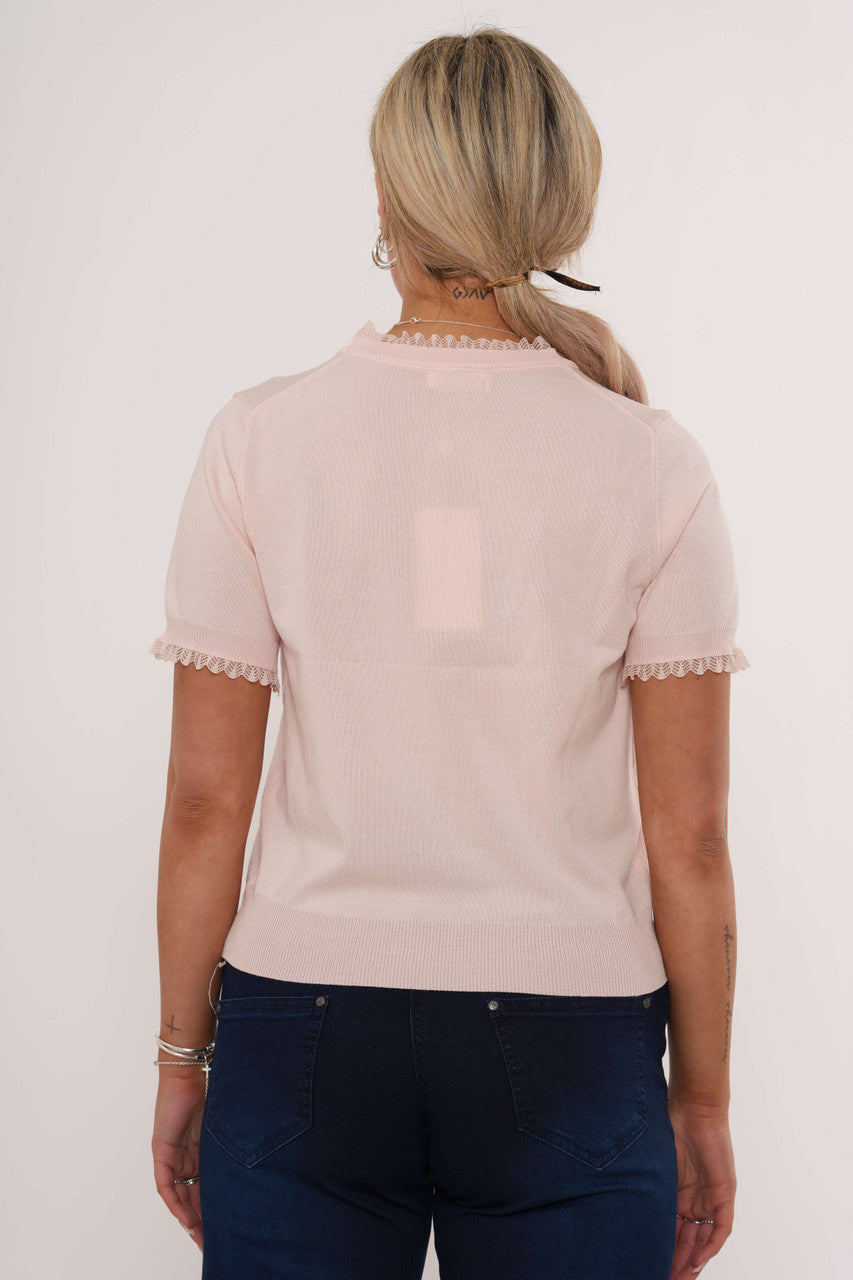 Gebreide Top met Kanten Rand en Ruitpatroon - Roze