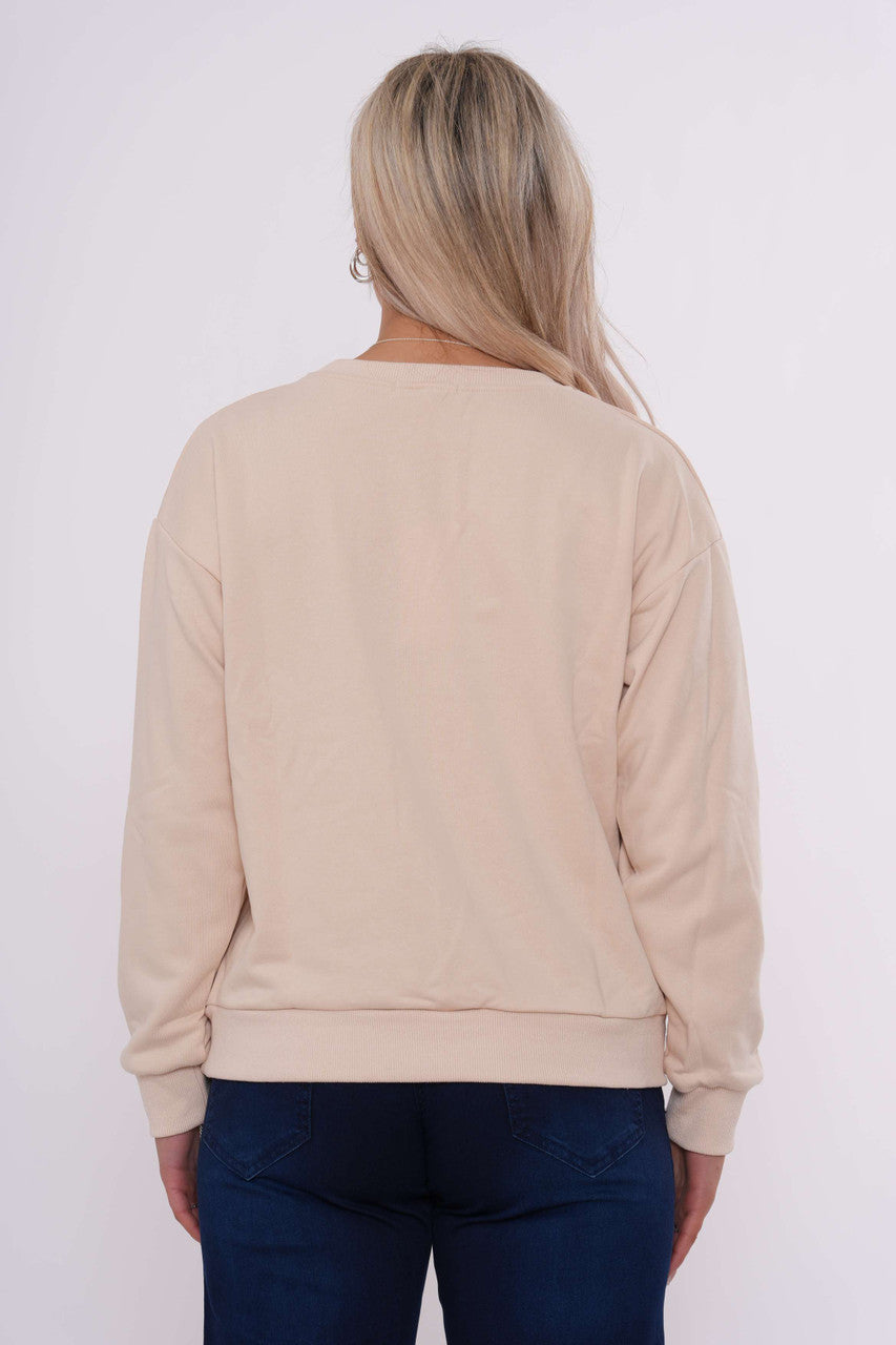 Varsity-sweatshirt met bloemenapplicatie - Beige