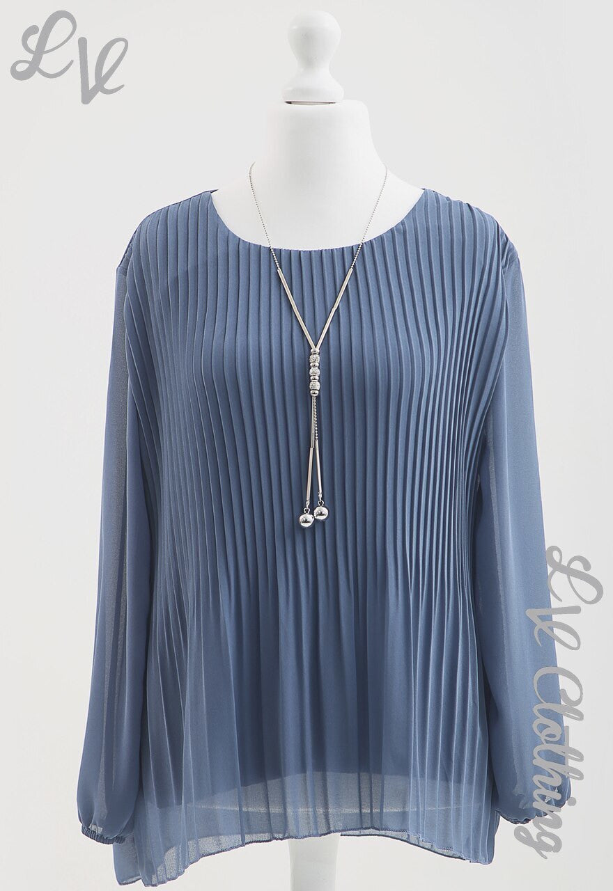 Ladies Pleated Long Sleeve Blouse With Necklace Denim - Unit Price WAS £8.2