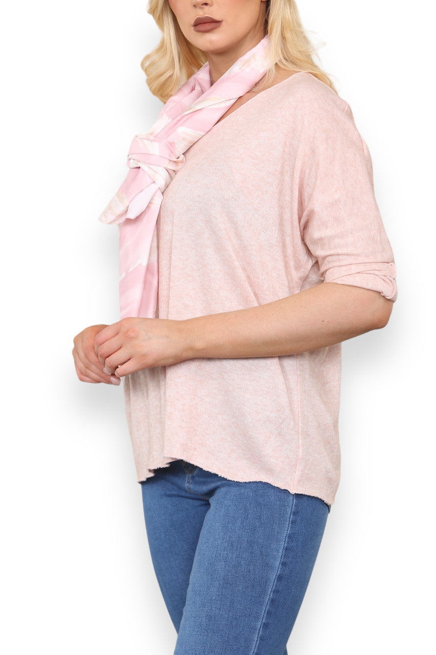 PLAIN FINE KNIT TOP WITH PRINTED SILKY SCARF DUSTY PINK