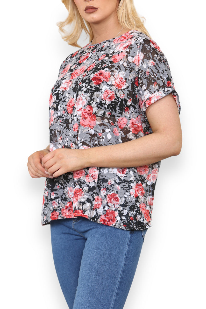BURNOUT ROSE PRINT TOP BLACK