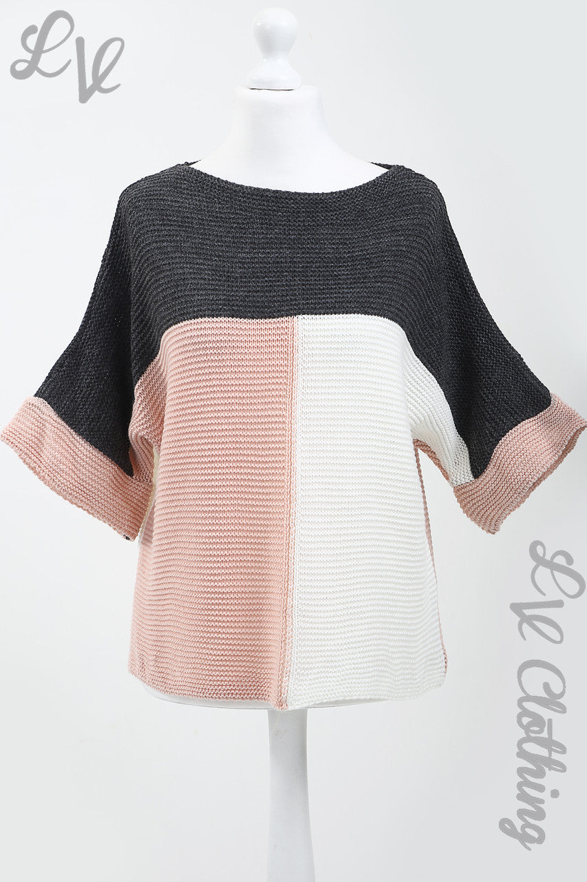 Ladies Block Colour Knitted Jumper Dusty Pink/Charcoal - Unit Price £10.99
