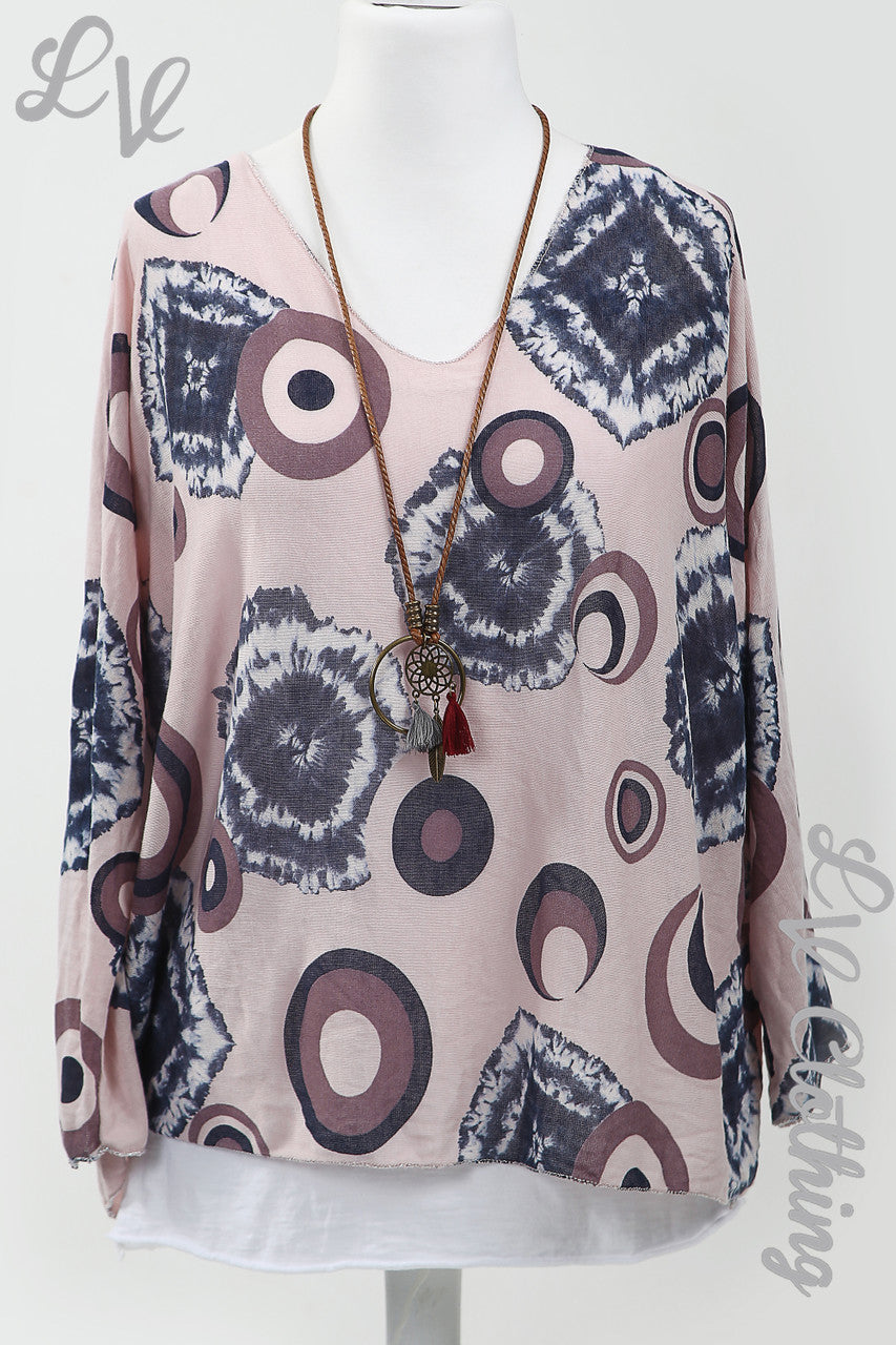 Ladies Circle & Tie Dye Print 2 Piece Top With Necklace Dusty Pink - Unit Price £13.99