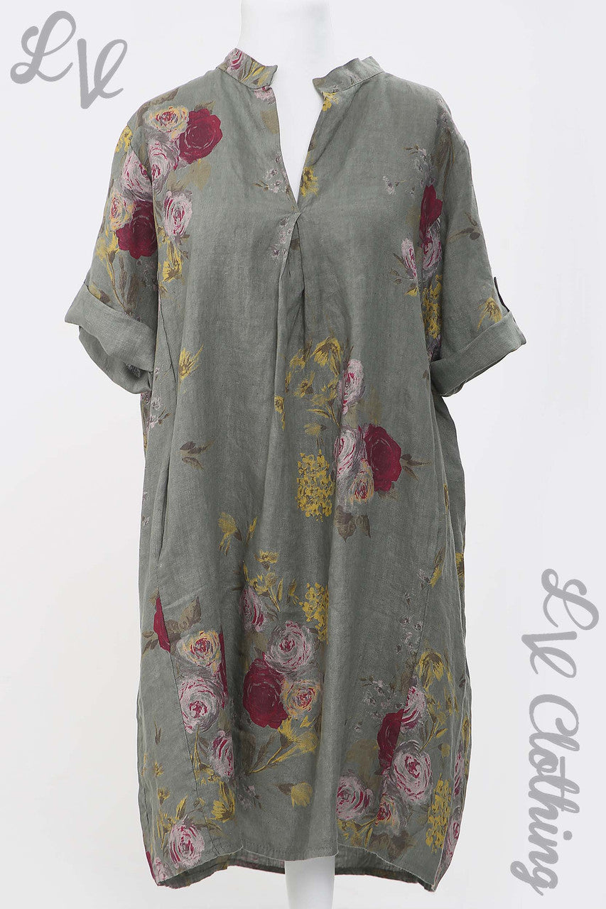 Ladies Linen Floral Print V-Neck Shirt Dress/Top Khaki - Unit Price £18.99