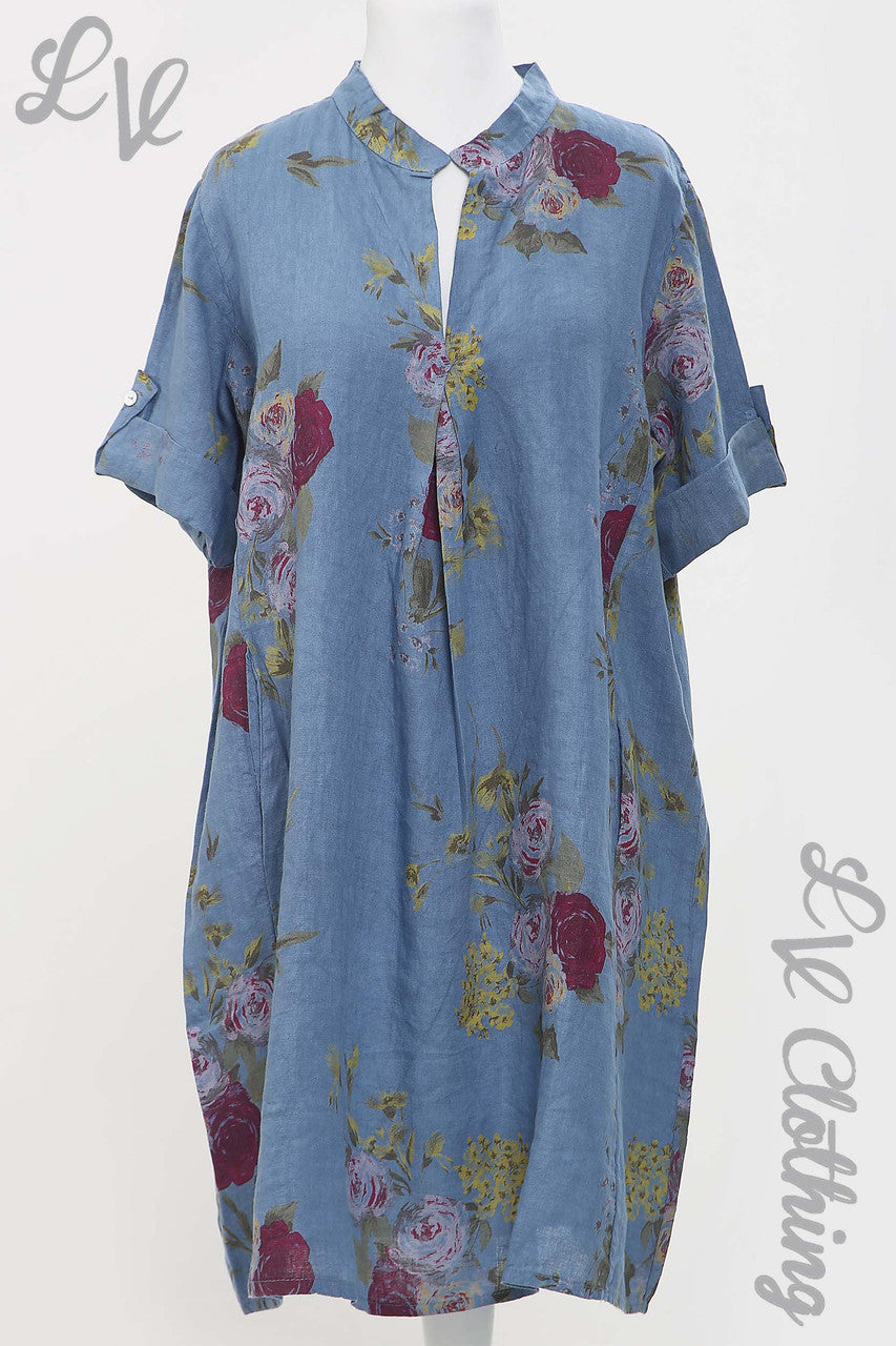 Ladies Linen Floral Print V-Neck Shirt Dress/Top Denim - Unit Price £18.99