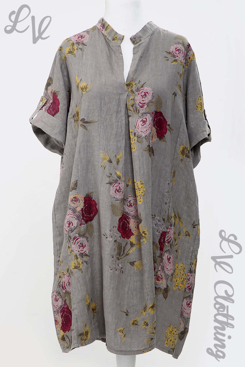 Ladies Linen Floral Print V-Neck Shirt Dress/Top Taupe - Unit Price £18.99