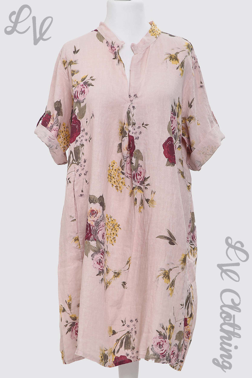 Ladies Linen Floral Print V-Neck Shirt Dress/Top Dusty Pink - Unit Price £18.99