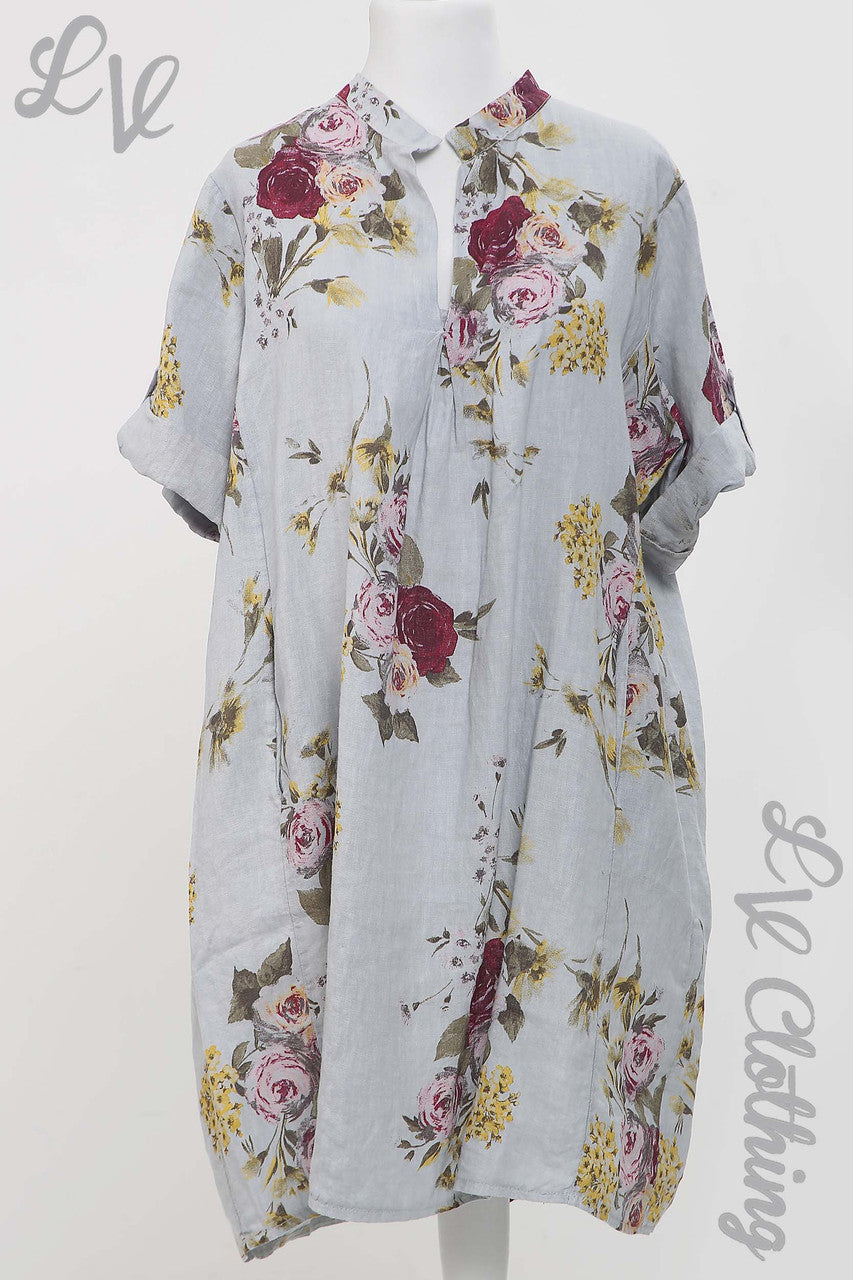 Ladies Linen Floral Print V-Neck Shirt Dress/Top Silver - Unit Price £18.99