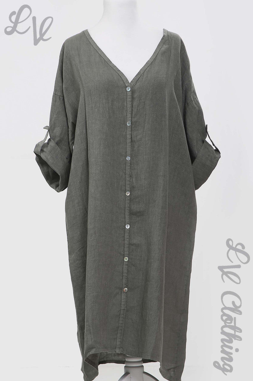 Ladies Linen Button Up Front Dress Khaki - Unit Price £18.99