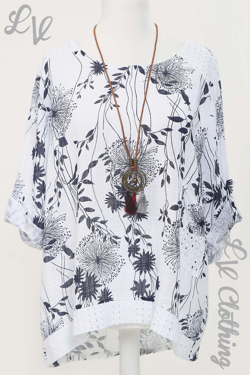 Ladies Dandelion Print Cut Out Shoulder Top With Necklace White - Unit Price £13.99