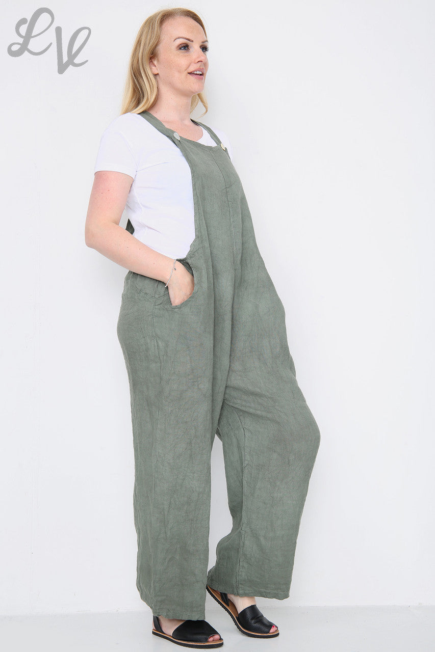 Ladies Linen Dungarees Khaki Unit Price £16.99