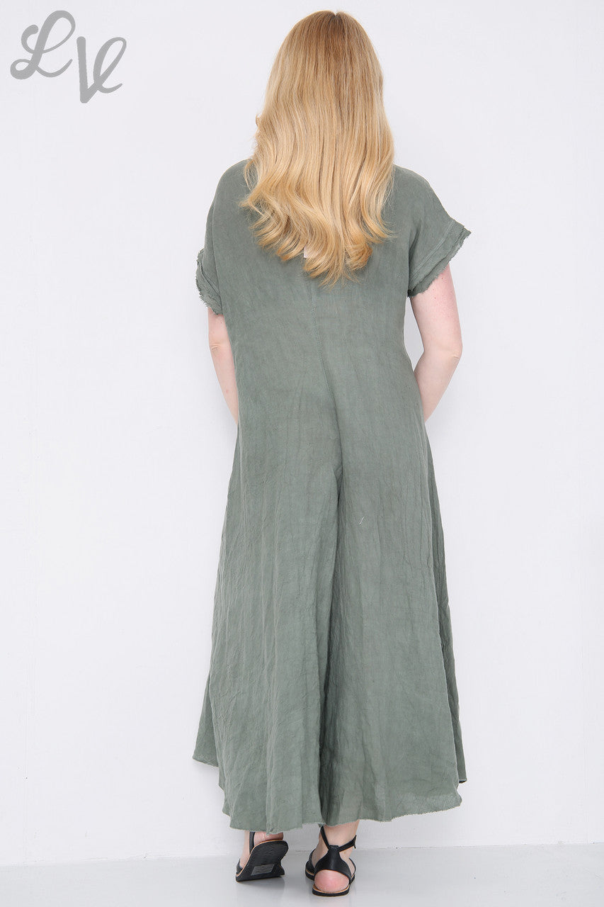 Dames linnen jumpsuit met onafgewerkte zoom kaki Stukprijs €19,99