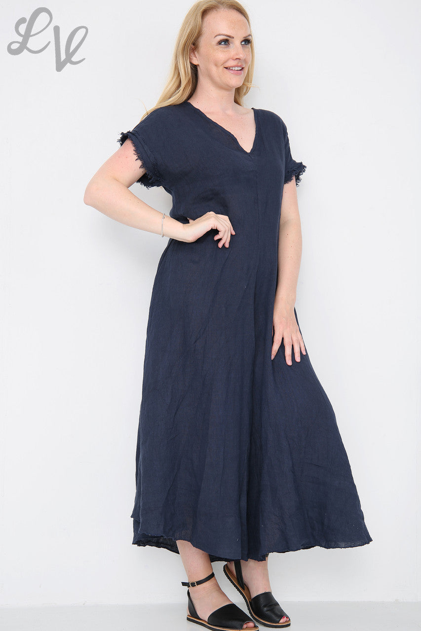 Dames Linnen Jumpsuit met Onafgewerkte Zoom Marineblauw Stukprijs £19.99