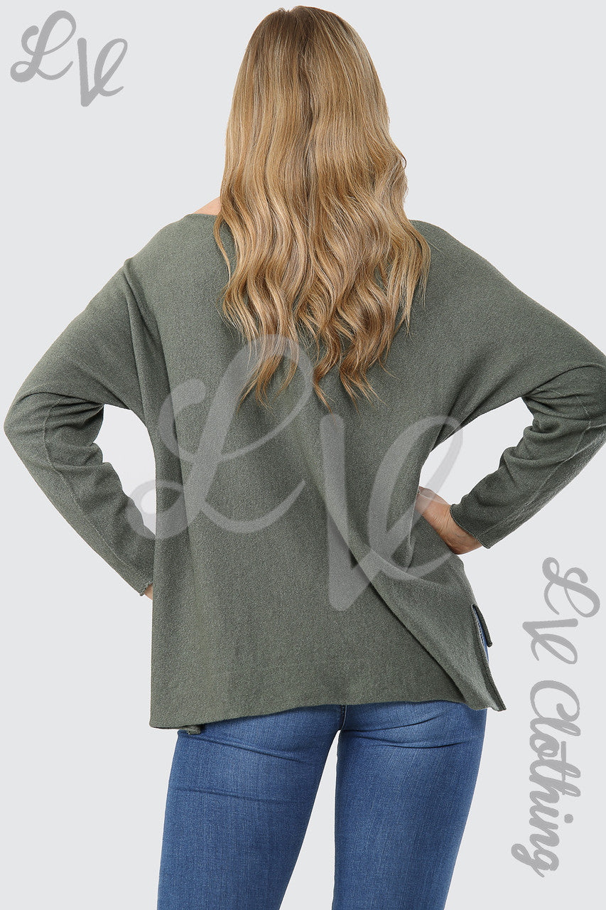 Ladies Hi Lo Fine Knitted Jumper Top Khaki - Unit Price £14.99