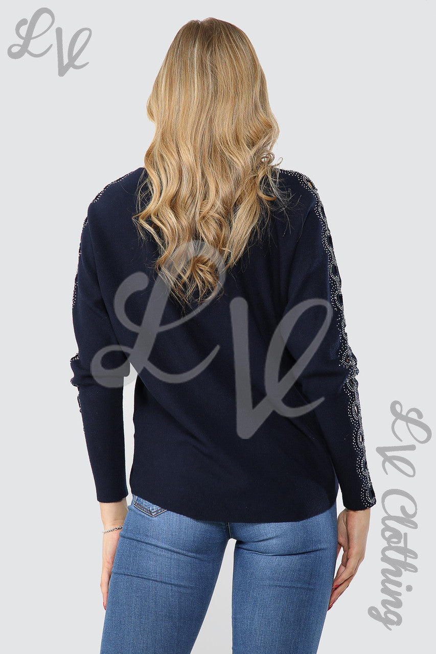 Ladies Sequin & Cut Out Sleeve Detail Jumper Navy - Unit Price £17.99