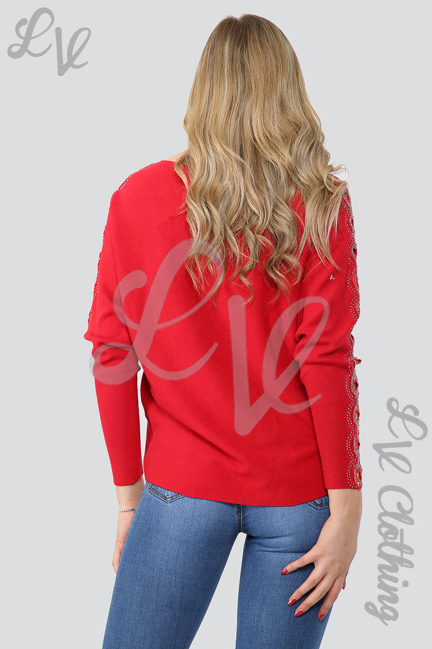 Ladies Sequin & Cut Out Sleeve Detail Jumper Red - Unit Price £20.99