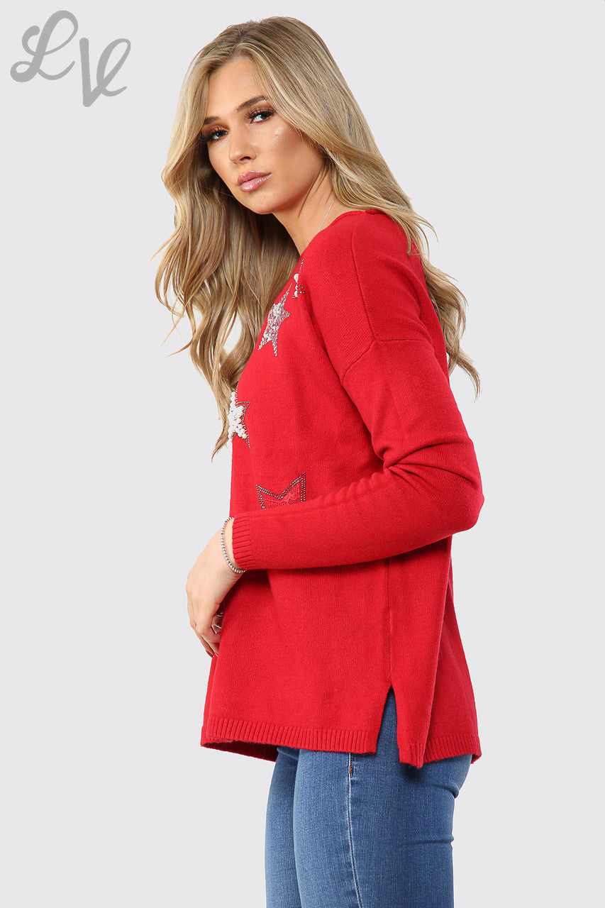 Dames Sequin Ster Detail Trui Sweatshirt Rood Eenheidsprijs €16,99