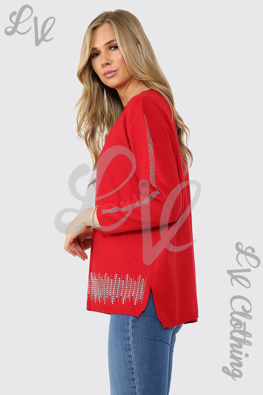 Dames trui met paillettenzoom en mouwen rood per stuk € 17,99