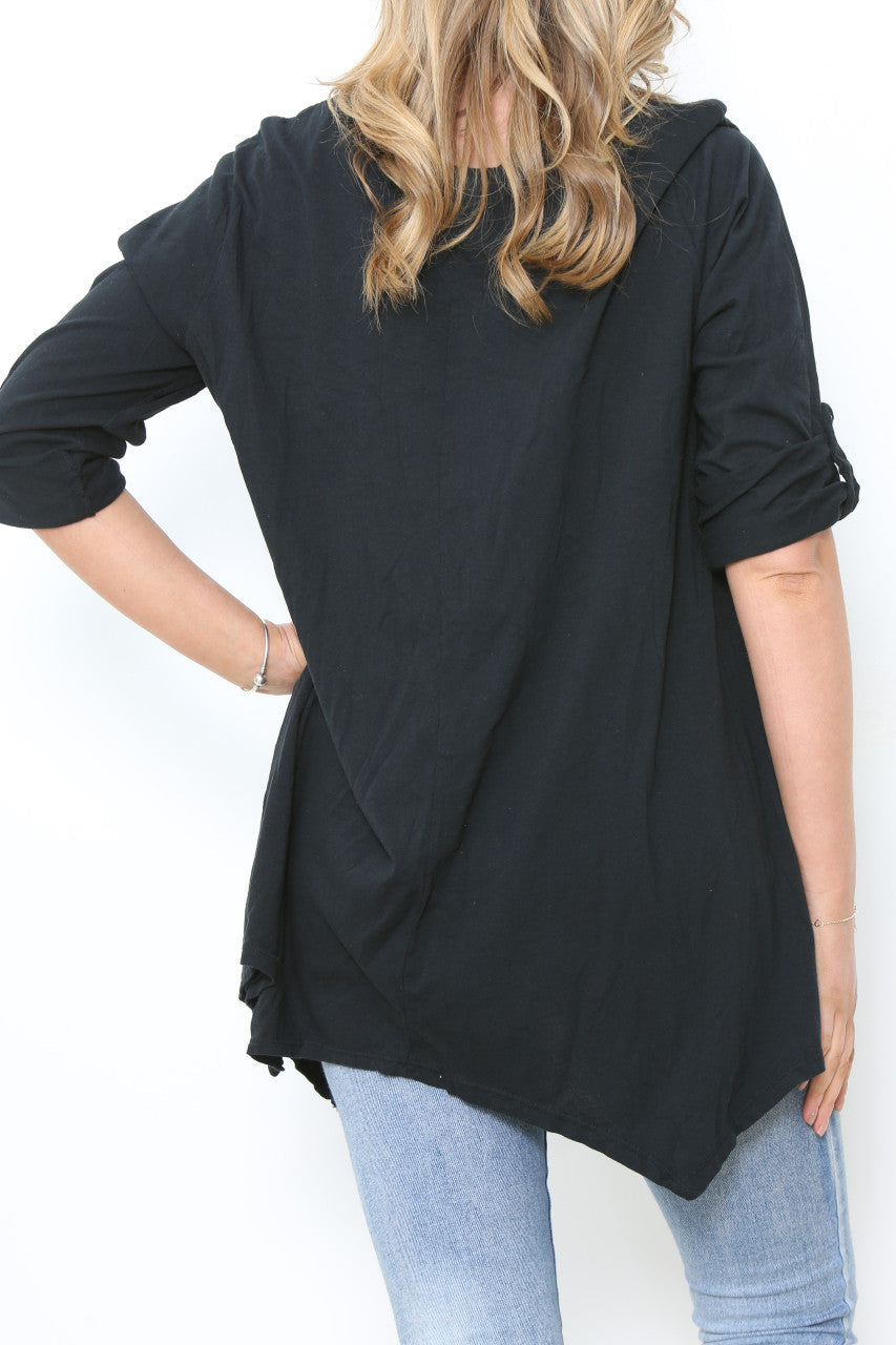Dames Effen T-shirt Top Zwart Met Oprolbare Mouwen