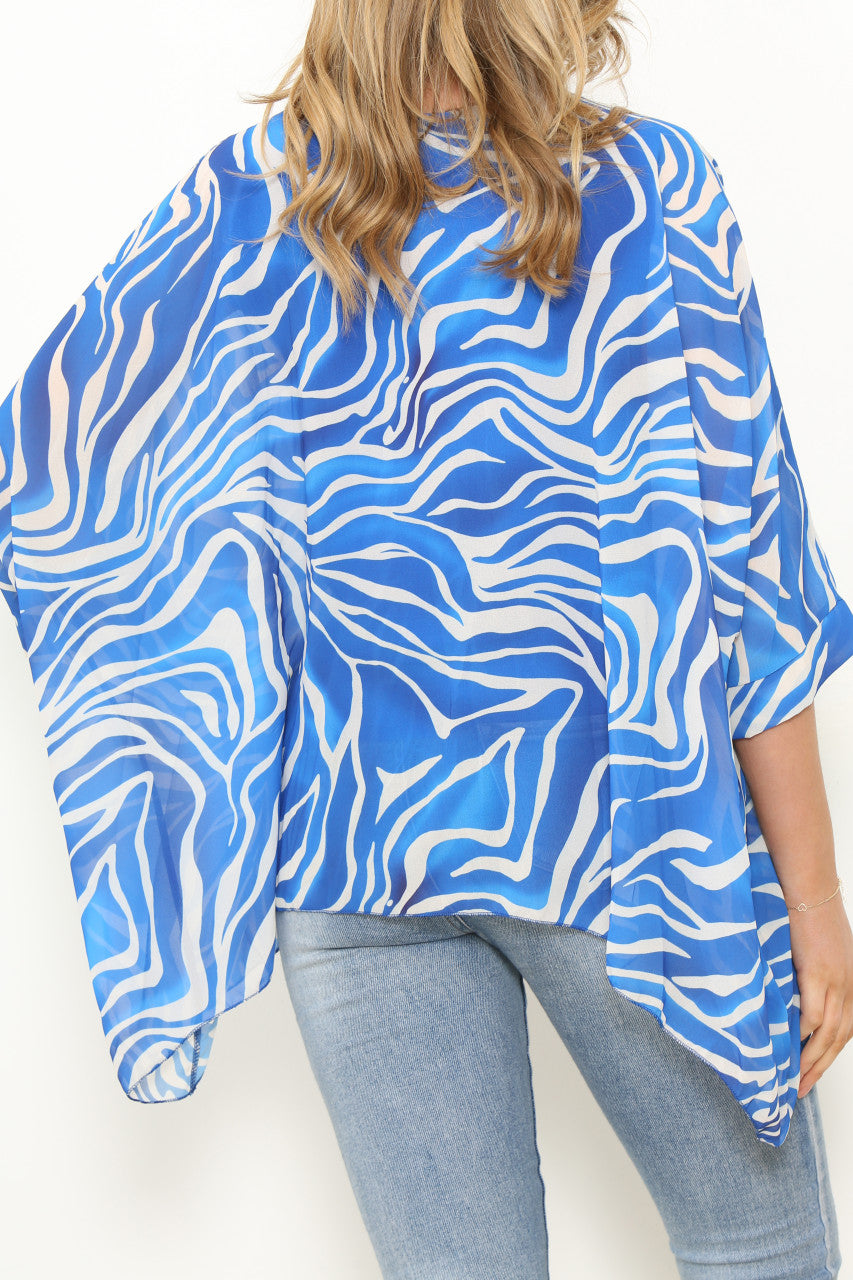 Ladies Zebra Print Batwing Blouse Top Royal Blue