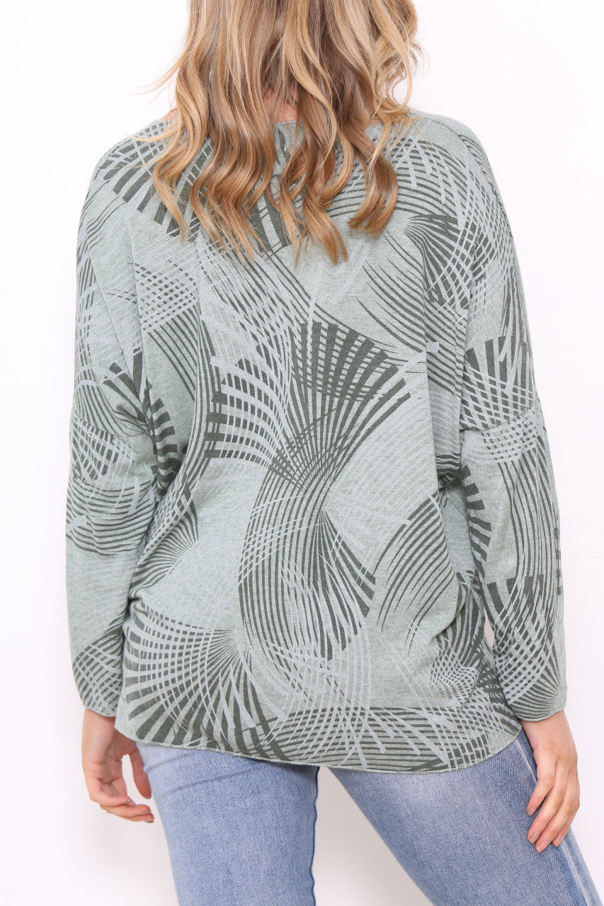 Ladies Fan Lines Print Fine Knit Jumper Top Khaki