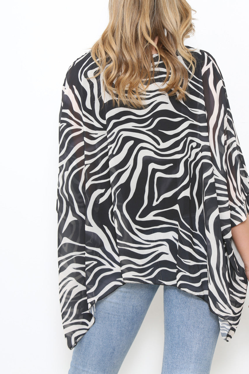 Ladies Zebra Print Batwing Blouse Top Black