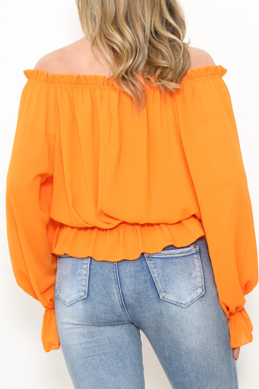Ladies Bardot Frill Hem & Sleeves Blouse Top Orange