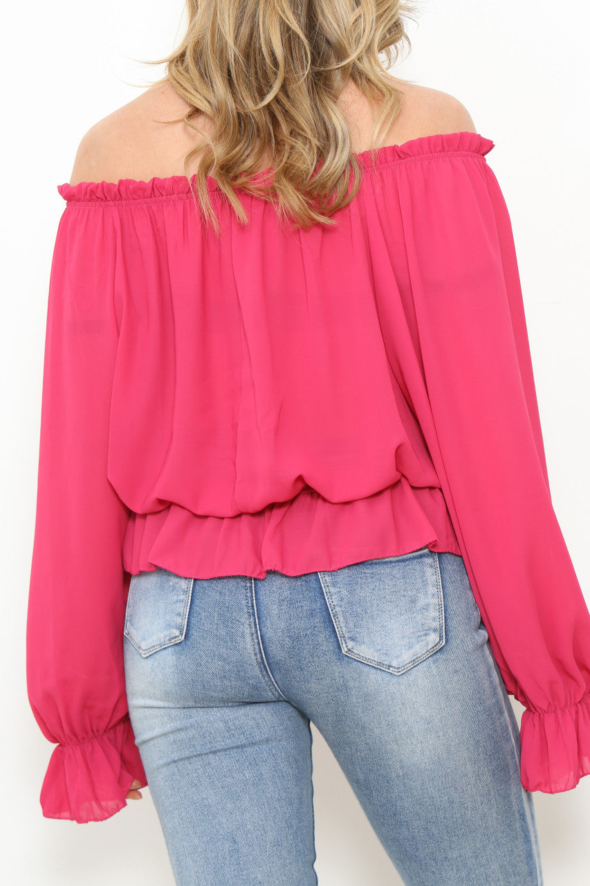 Dames Bardot Blouse Top met Ruches aan Zoom en Mouwen Cerise